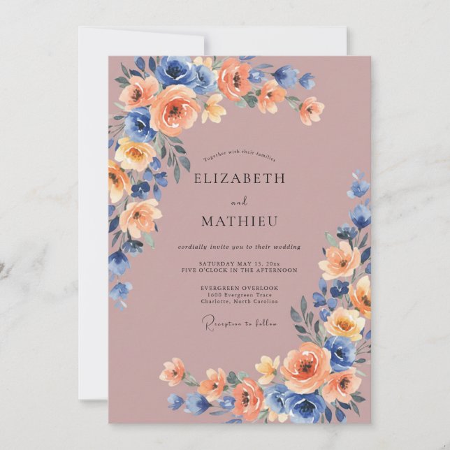 Invitación Boda acuarela de flor de aciano malva (Anverso)