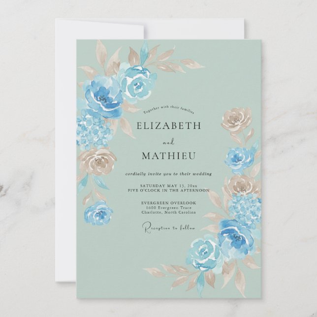 Invitación Boda acuarela de flor Sky Blue (Anverso)