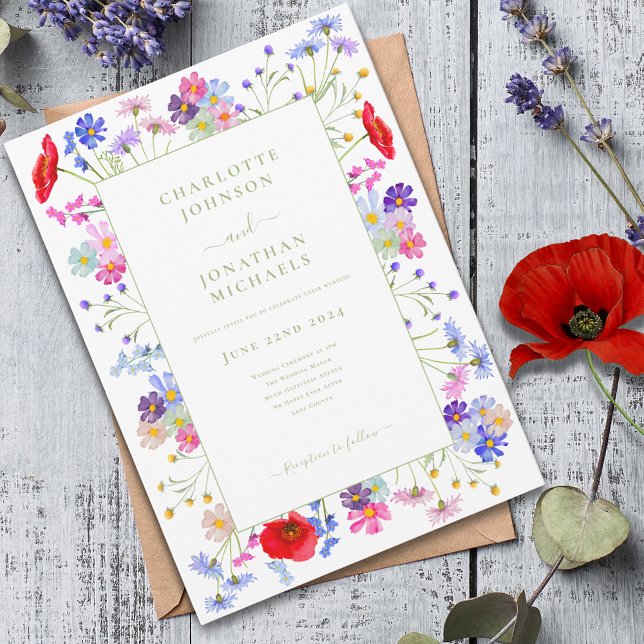 Invitación Boda acuarela de flores silvestres vibrantes moder (Modern Colorful wildflower sage green typography wedding invitation boho chic watercolor floral)