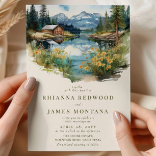 Invitación Boda acuarela de lago campestre y granero