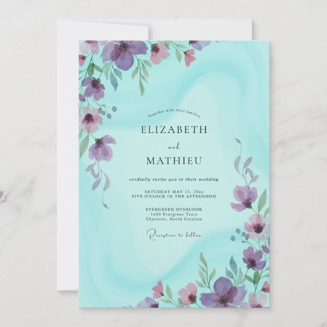 Invitación Boda acuarela de lavanda Aqua (Anverso)