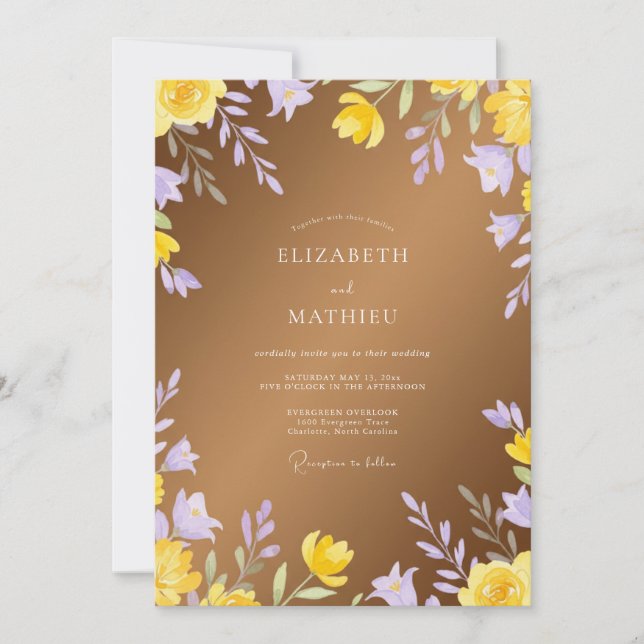 Invitación Boda acuarela de lavanda dorada (Anverso)