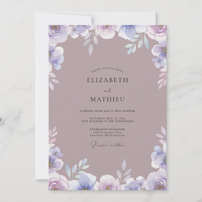 Invitación Boda acuarela de lavanda malva (Anverso)