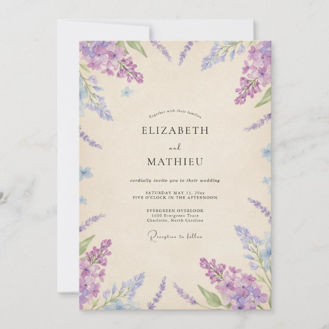 Invitación Boda acuarela de lavanda y pervinca (Anverso)