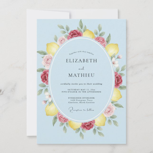 Invitación Boda acuarela de limón azul (Anverso)