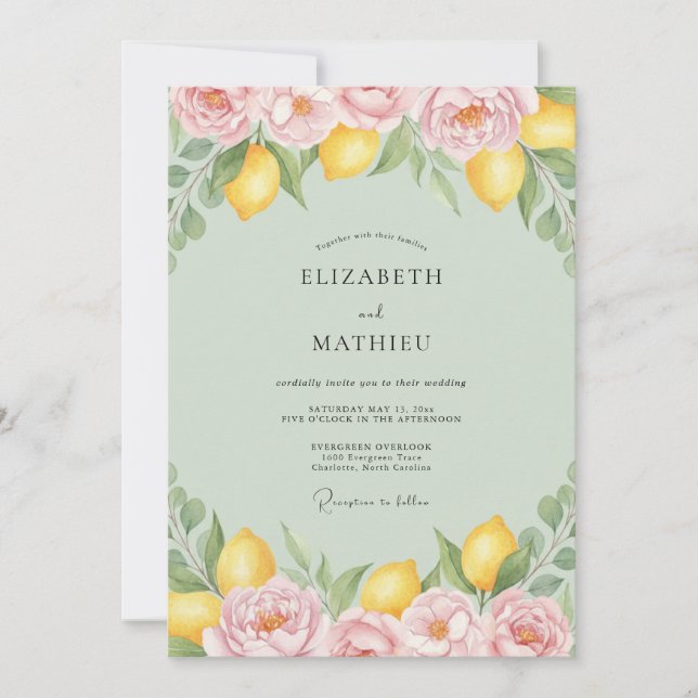 Invitación Boda acuarela de limón cítrico (Anverso)