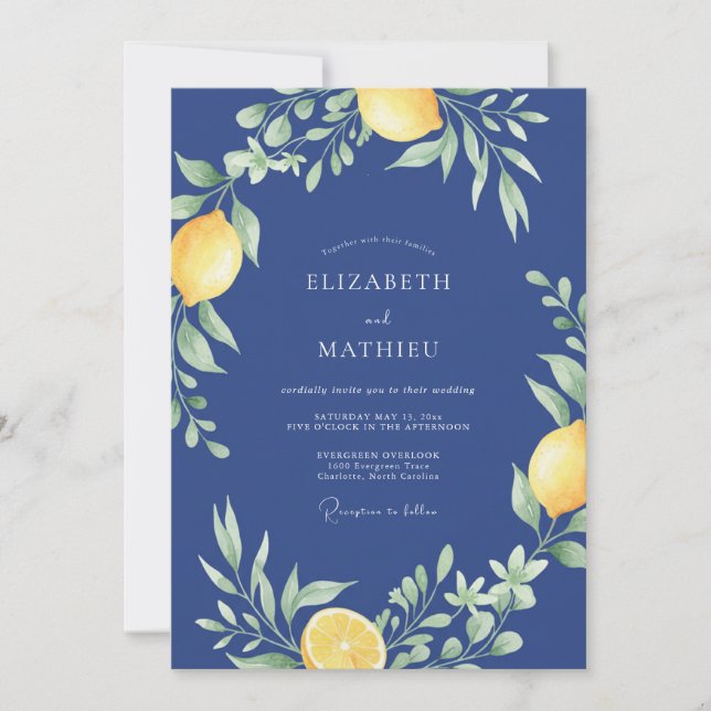 Invitación Boda acuarela de limón índigo (Anverso)
