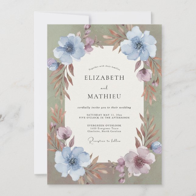 Invitación Boda acuarela de malva pervinca (Anverso)