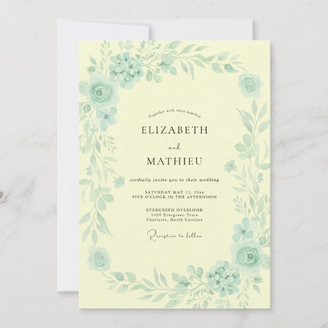 Invitación Boda acuarela de mantequilla y menta (Anverso)