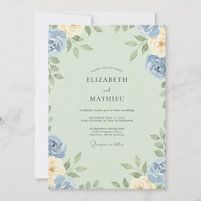 Invitación Boda acuarela de marfil menta (Anverso)