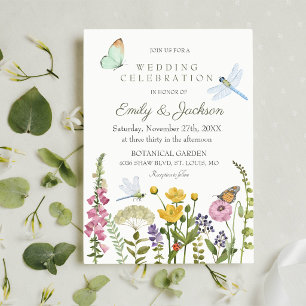 Invitación Boda Acuarela de Mariposa Libélula Flor Silvestre 