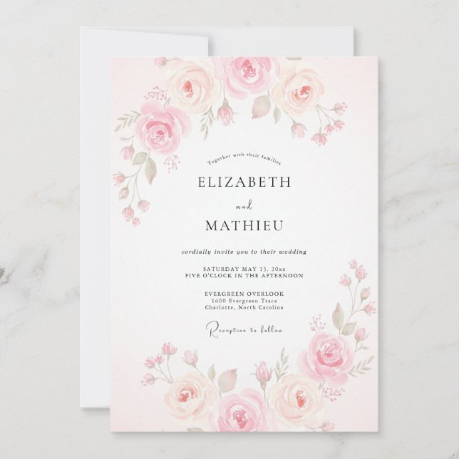 Invitación Boda acuarela de melocotón rosado (Anverso)