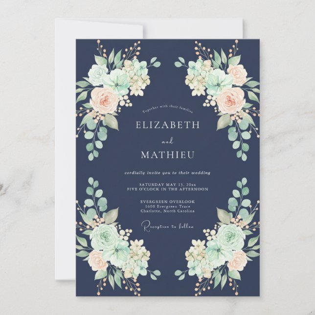 Invitación Boda acuarela de melocotón y azul marino (Anverso)