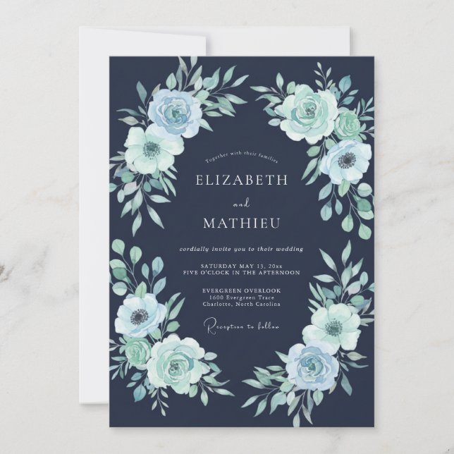 Invitación Boda acuarela de menta de medianoche (Anverso)