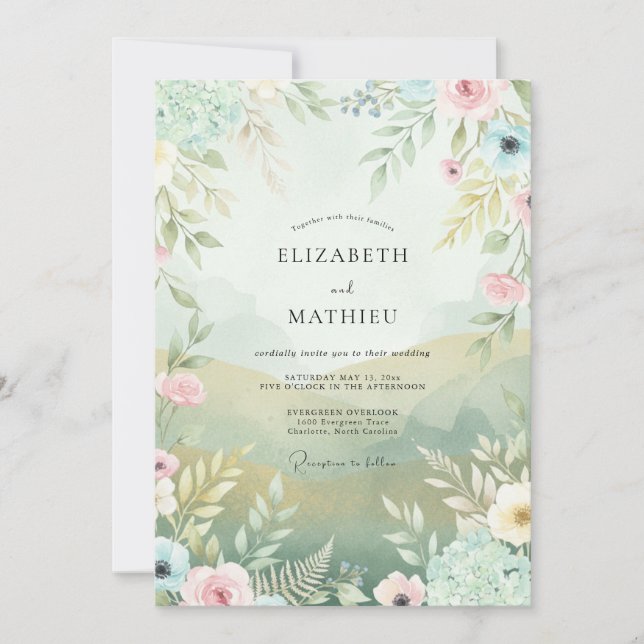 Invitación Boda acuarela de menta y champán (Anverso)