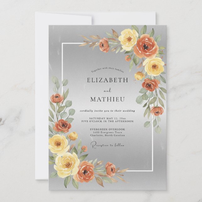 Invitación Boda acuarela de ocre plateado (Anverso)