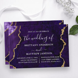 Invitación Boda acuarela de oro de mármol morado