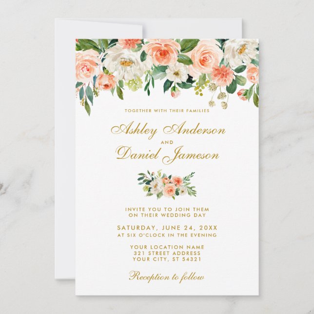 Invitación Boda acuarela de oro floral blanco (Anverso)