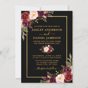 Invitación Boda acuarela de oro negro con floral de Borgoña