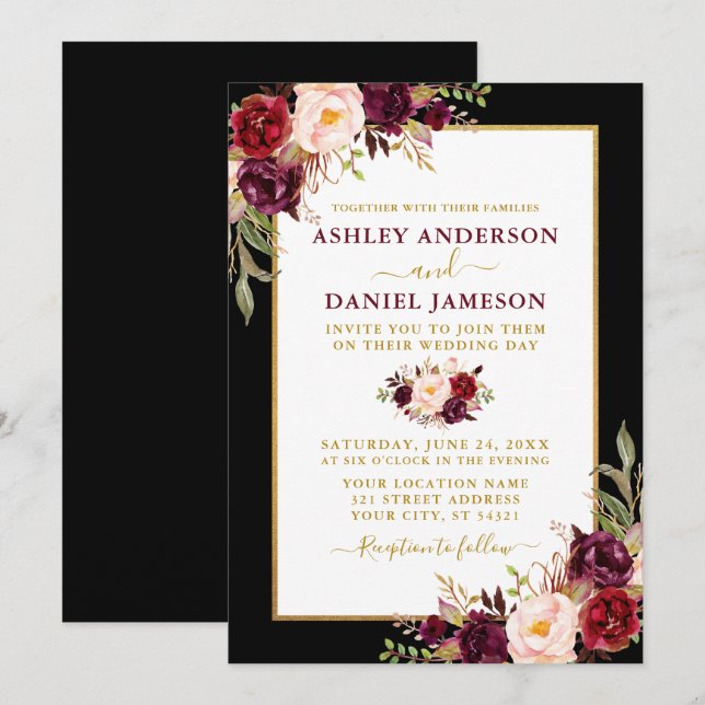 Invitación Boda acuarela de oro negro con floral de Borgoña (Anverso / Reverso)
