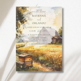 Invitación Boda Acuarela de Otoño Pradera Granero Vintage