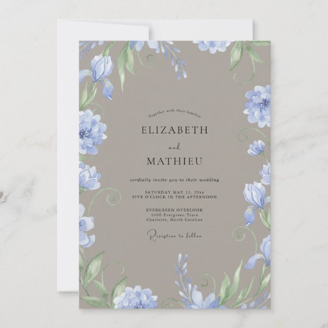 Invitación Boda acuarela de pervinca y taupe (Anverso)
