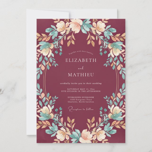 Invitación Boda acuarela de pizarra granate (Anverso)