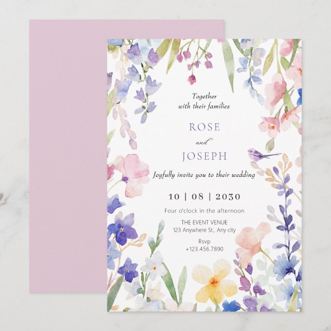 Invitación Boda acuarela de primavera floral (Anverso / Reverso)