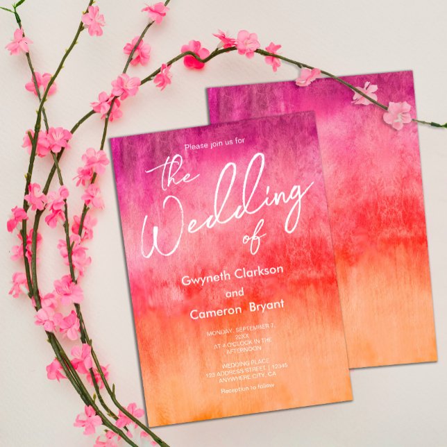 Invitación Boda acuarela de rosa caliente y Naranja (#hotpinkandorangeinvitation #brightandbold #spring #watercolorinvitation)