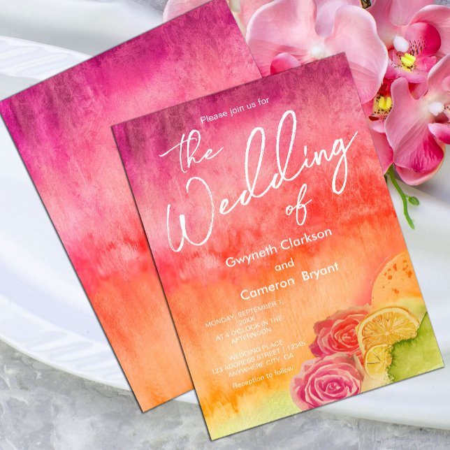 Invitación Boda acuarela de rosa caliente y Naranja (#WatercolorWedding #FloralInvite #TropicalWedding #ElegantStationery #ZazzleDesign)