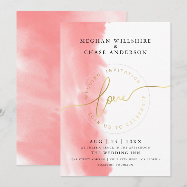 Invitación BODA | Acuarela de Rosa Coral (Anverso / Reverso)