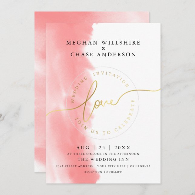 Invitación BODA | Acuarela de Rosa de coral (Anverso / Reverso)
