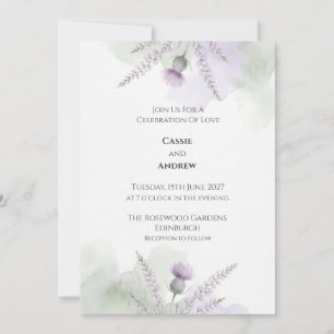 Invitación Boda acuarela de suave lavanda y cardo escocés