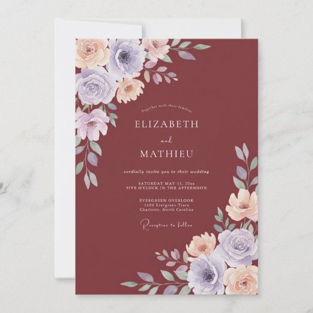 Invitación Boda acuarela de vincapervinca herrumbrosa (Anverso)