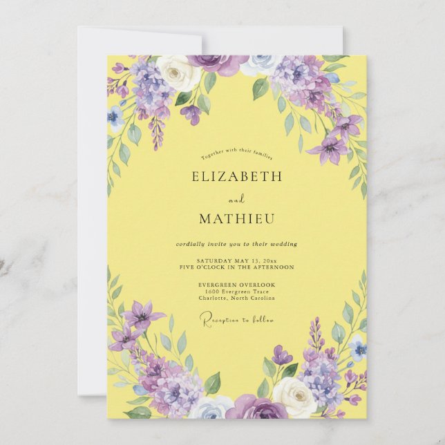 Invitación Boda acuarela de violeta amarilla (Anverso)
