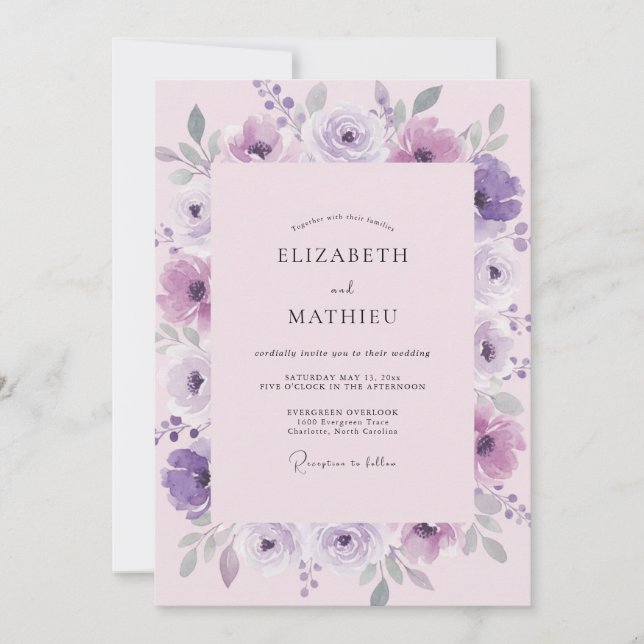 Invitación Boda acuarela de violeta lila (Anverso)
