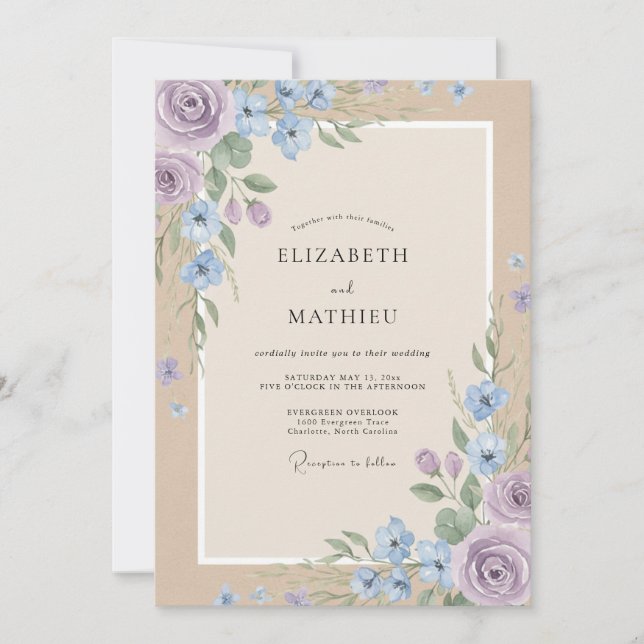 Invitación Boda acuarela de violeta y aciano (Anverso)