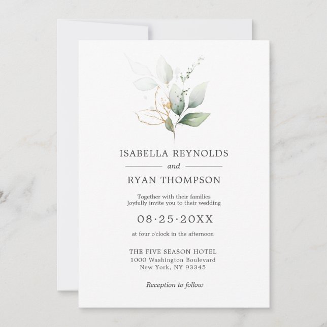 Invitación Boda acuarela deja ramas doradas verdes invi (Anverso)