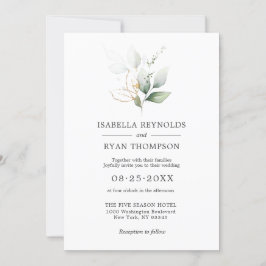 Invitación Boda acuarela deja ramas doradas verdes invi