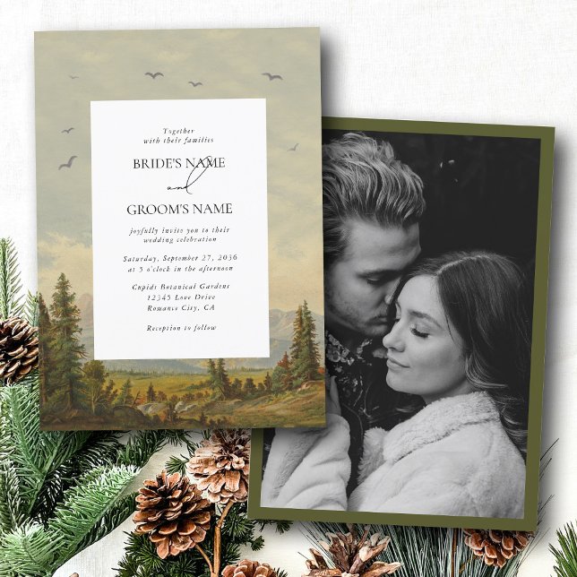 Invitación Boda acuarela del bosque de pinos (Watercolor Pine Tree Forest Mountain Wedding Photo Invitation)