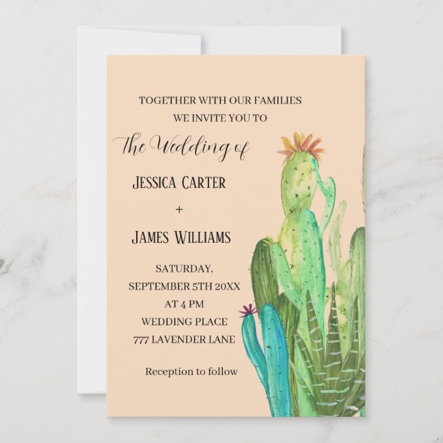 Invitación Boda acuarela desierto cactus terracota México (Anverso)