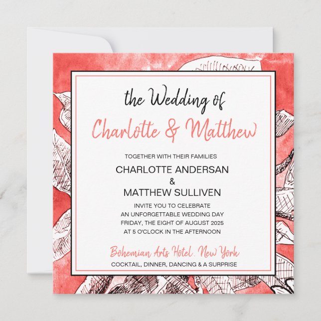 Invitación Boda Acuarela Dibujo Floral Corals Bohemio (Anverso)