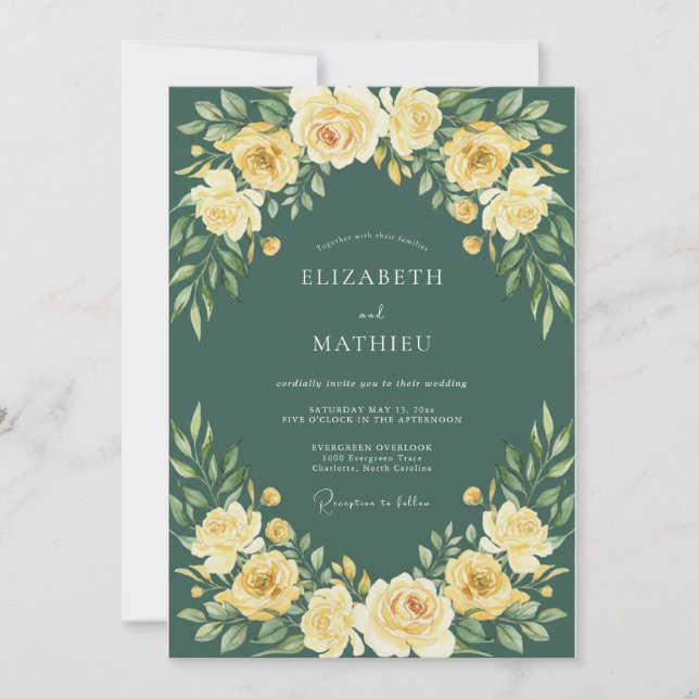 Invitación Boda acuarela dorada de pino profundo (Anverso)