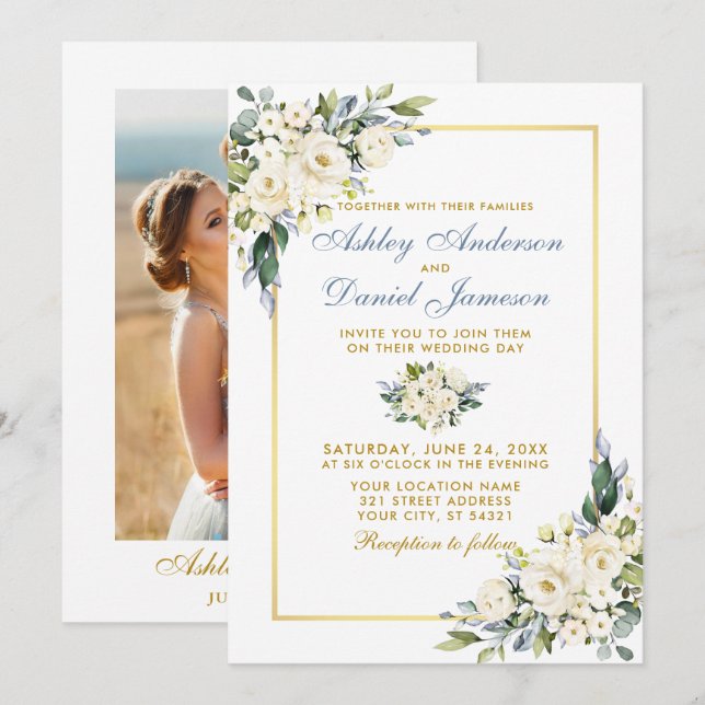 Invitación Boda acuarela Dusty Blue Floral Photo (Anverso / Reverso)