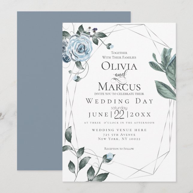 Invitación BODA | Acuarela Dusty Floral Azul (Anverso / Reverso)
