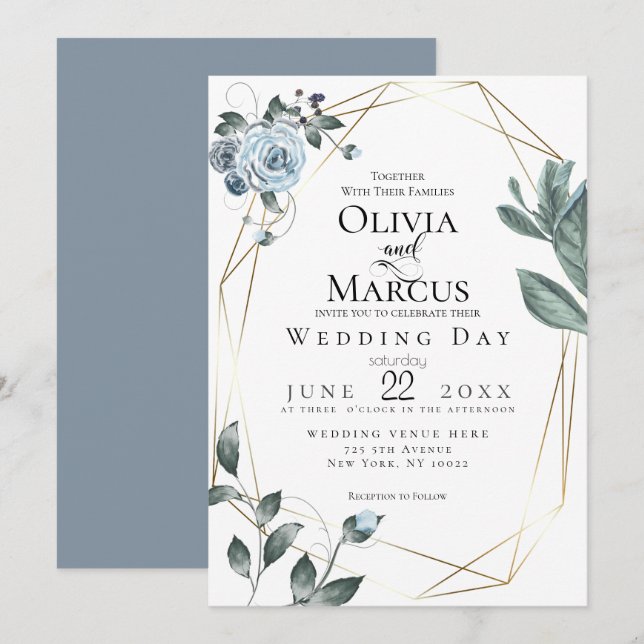 Invitación BODA | Acuarela Dusty Floral Azul (Anverso / Reverso)