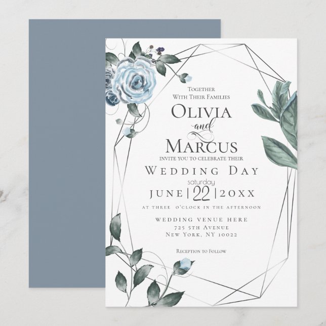 Invitación BODA | Acuarela Dusty Floral Azul (Anverso / Reverso)
