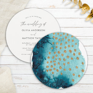 Invitación Boda Acuarela Elegante Azul Marino Simple Dorado