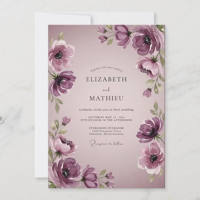 Invitación Boda acuarela elegante ciruela (Anverso)