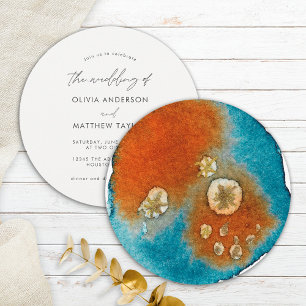 Invitación Boda Acuarela Elegante Naranja Marina Simple Dorad